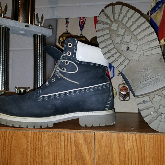 navy blue and white timberlands